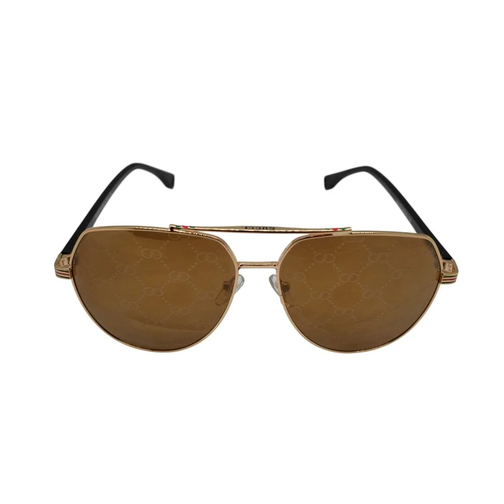 Gucci GG105 Sunglasses 59-15-132 Gold Aviator Brown GG Logo Lens Black Temple